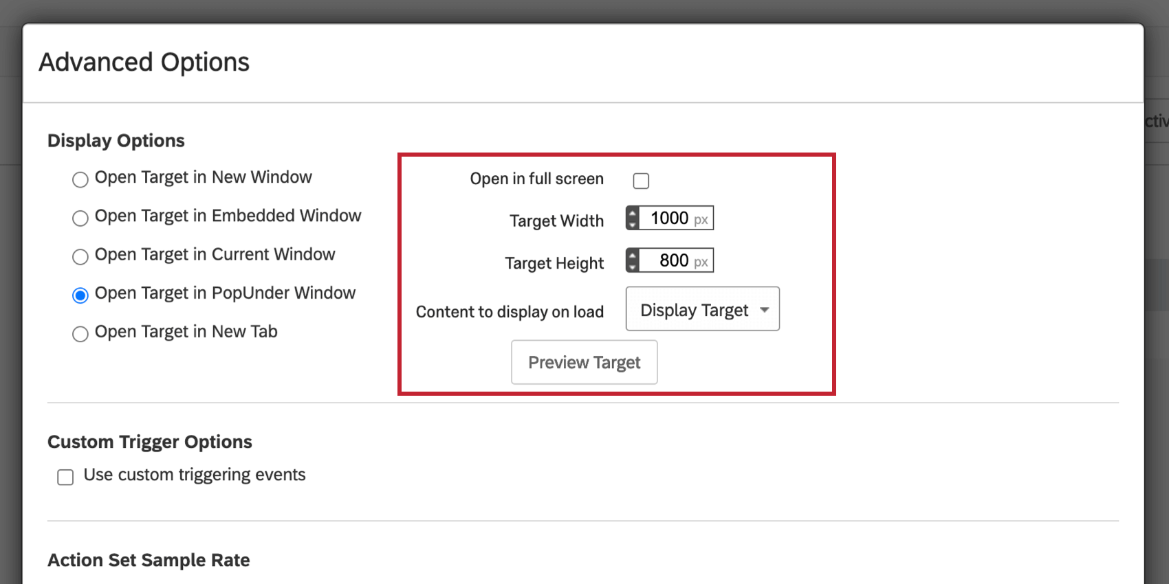 表示オプションのPopUnder Window選択のOpen Targetの画像。ターゲットオプションが追加された。