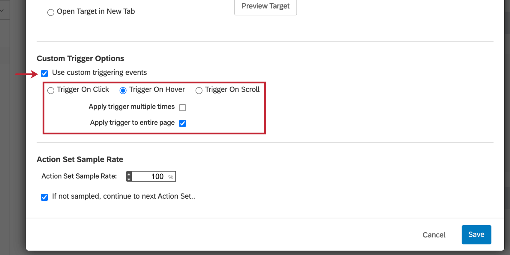 image of the use custom triggering event option