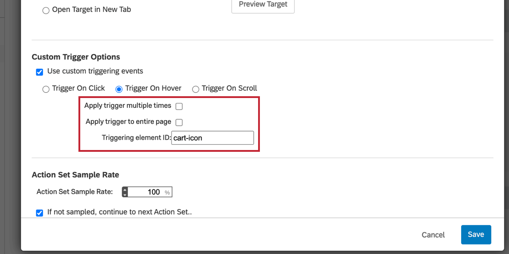 imagem da opção usar evento de acionamento personalizado. A opção é definida para ser acionador ao passar o mouse sobre um elemento específico