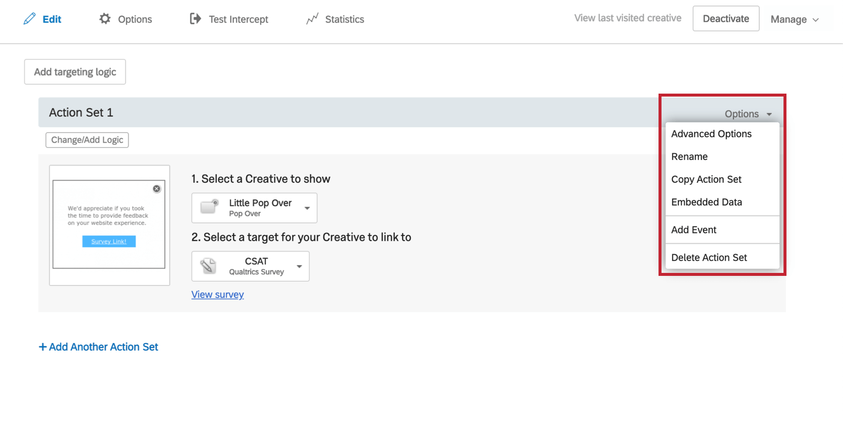 Action Set Options dropdown
