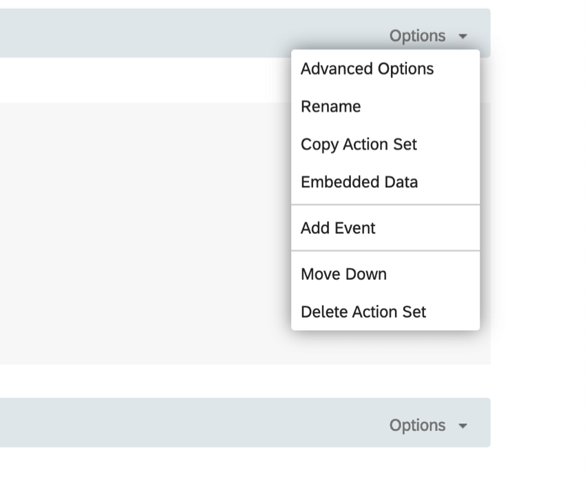 Options menu reveals Advanced options, rename, copy, embedded data, javascript, add event, and delete options