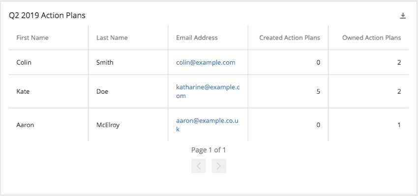 Each row is a different person and there are columns for names, email, how many action plan each person created, and how many action plans each person owns