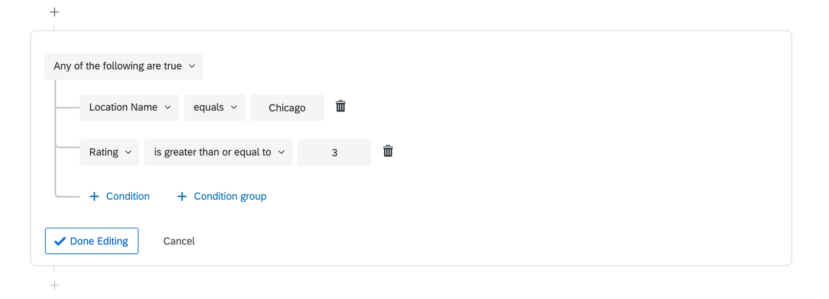 This condition says if the location name is Chicago, and the rating is less than or equal to 3
