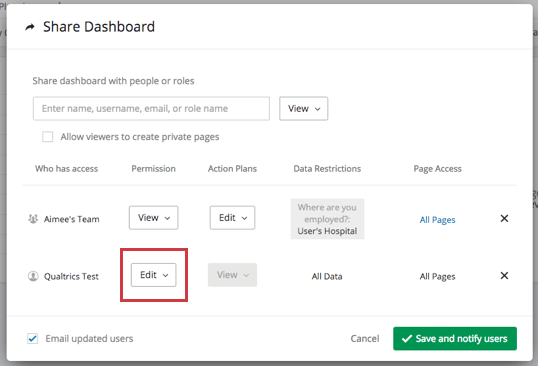 Janela de compartilhamento aberta no dashboard