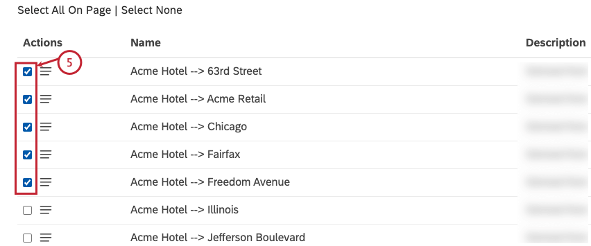 Select multiple groups by selecting the checkbox for each group in the Actions column.