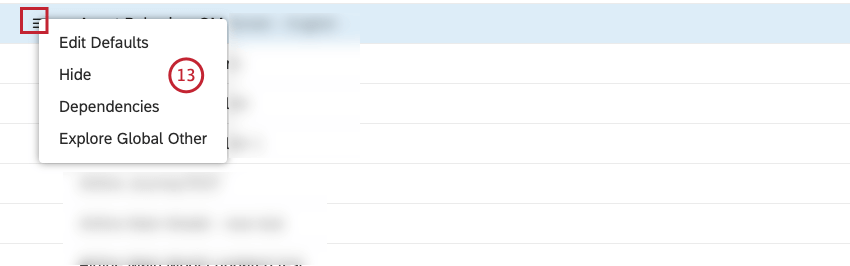 Il menu Azioni consente di modificare le impostazioni predefinite, nascondere o deselezionare gli attributi o i modelli di categoria, vedere quali dashboard, filtri o metriche in Studio utilizzano questo attributo o modello di categoria ed esplorare i dati che non sono stati categorizzati in alcun tema del modello di categoria per analizzare idee, argomenti, parole e nuovi temi non catturati.