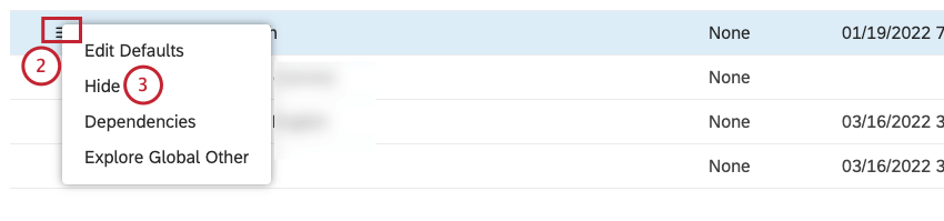 Espandere il menu delle azioni avanti al modello di attributo o di categoria che si desidera nascondere. Selezionare Nascondi per nascondere il modello di attributo o di categoria.