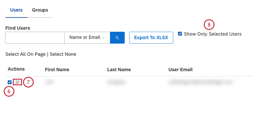 Select 1 or more users to perform bulk actions. Click the actions menu to view a menu that shows the options for managing 1 or more users. Select the Show Only Selected Users checkbox to display only the users you have selected in the table.