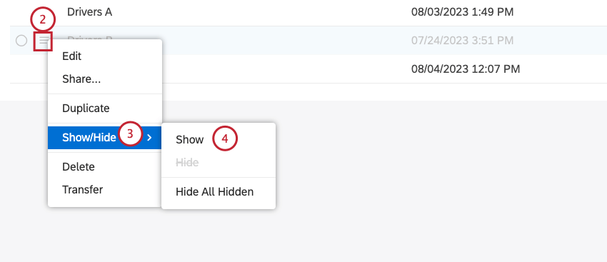 Click the actions menu next to the driver you wish to unhide. Select the checkbox beside each of the drivers that you want to delete to delete more than one driver at once.Select Show/Hide. Select Show.