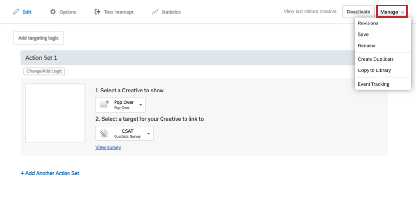 Administrar clics y desplegar para revelar las opciones Revisiones, Guardar, Cambiar nombre, Crear Duplicar y Seguimiento de Evento