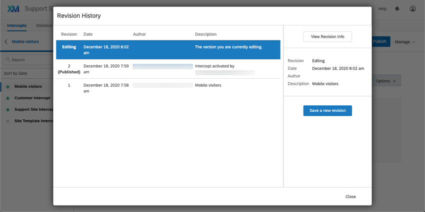 Menu de lhistorique des révisions avec les modifications non publiées surlignées, de sorte quune option Enregistrer une nouvelle révision apparaît à droite