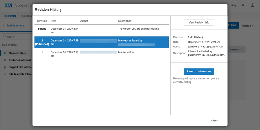 Revision History window with a published revision highlighted