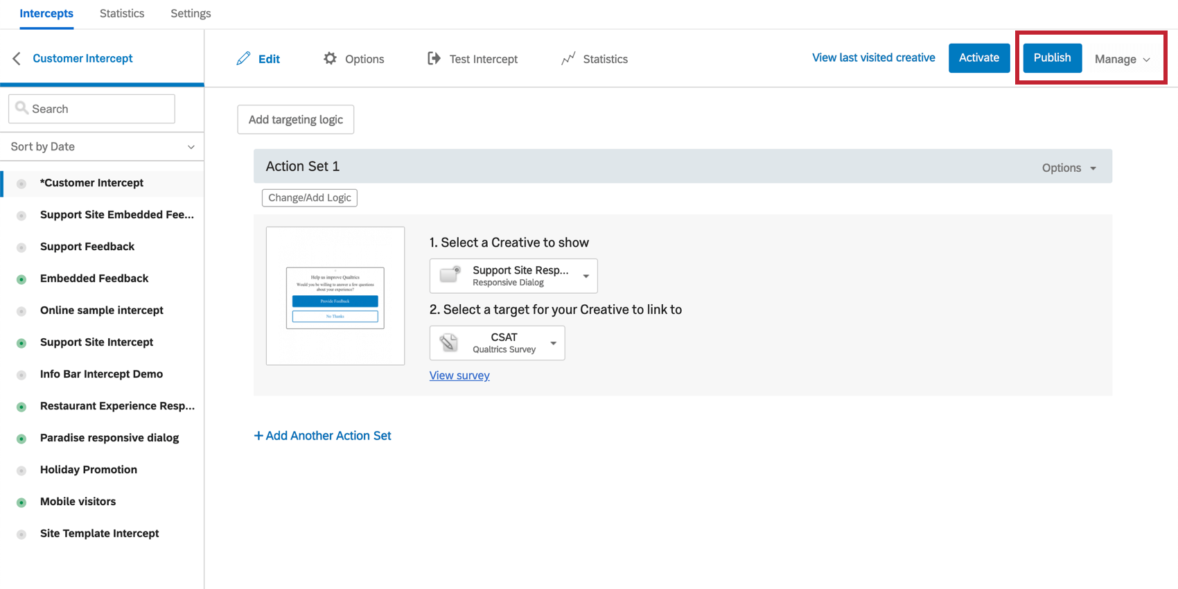 Publish and Manage buttons at the top right of the intercept