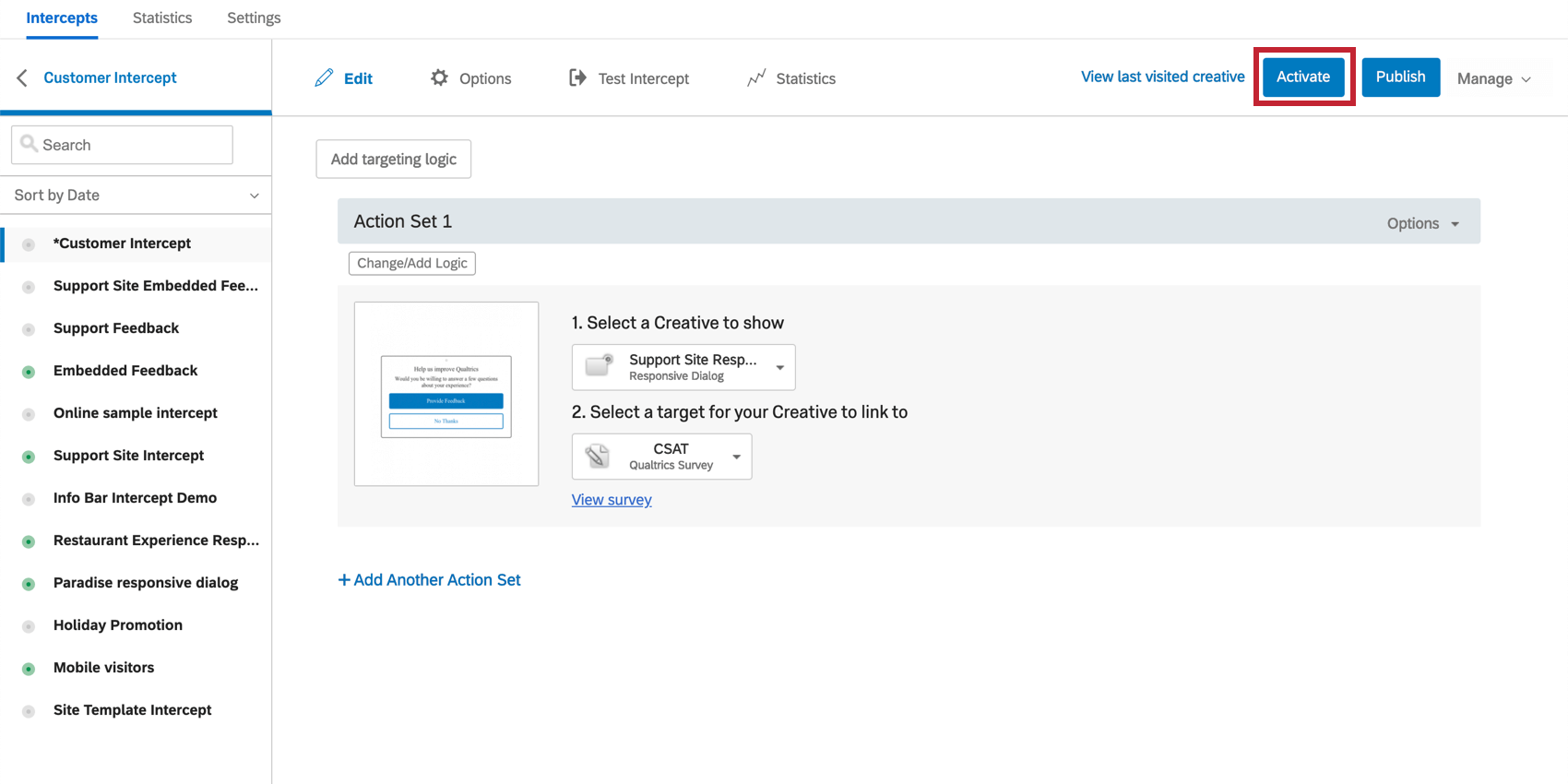 Activate button indicated at the top right of the intercept