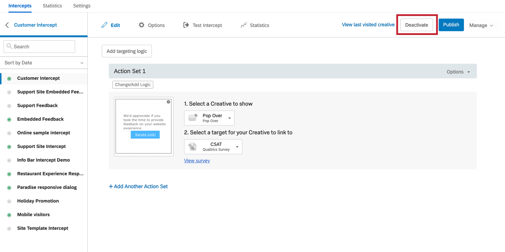 Botón de desactivación indicado en la parte superior derecha de la intercept.