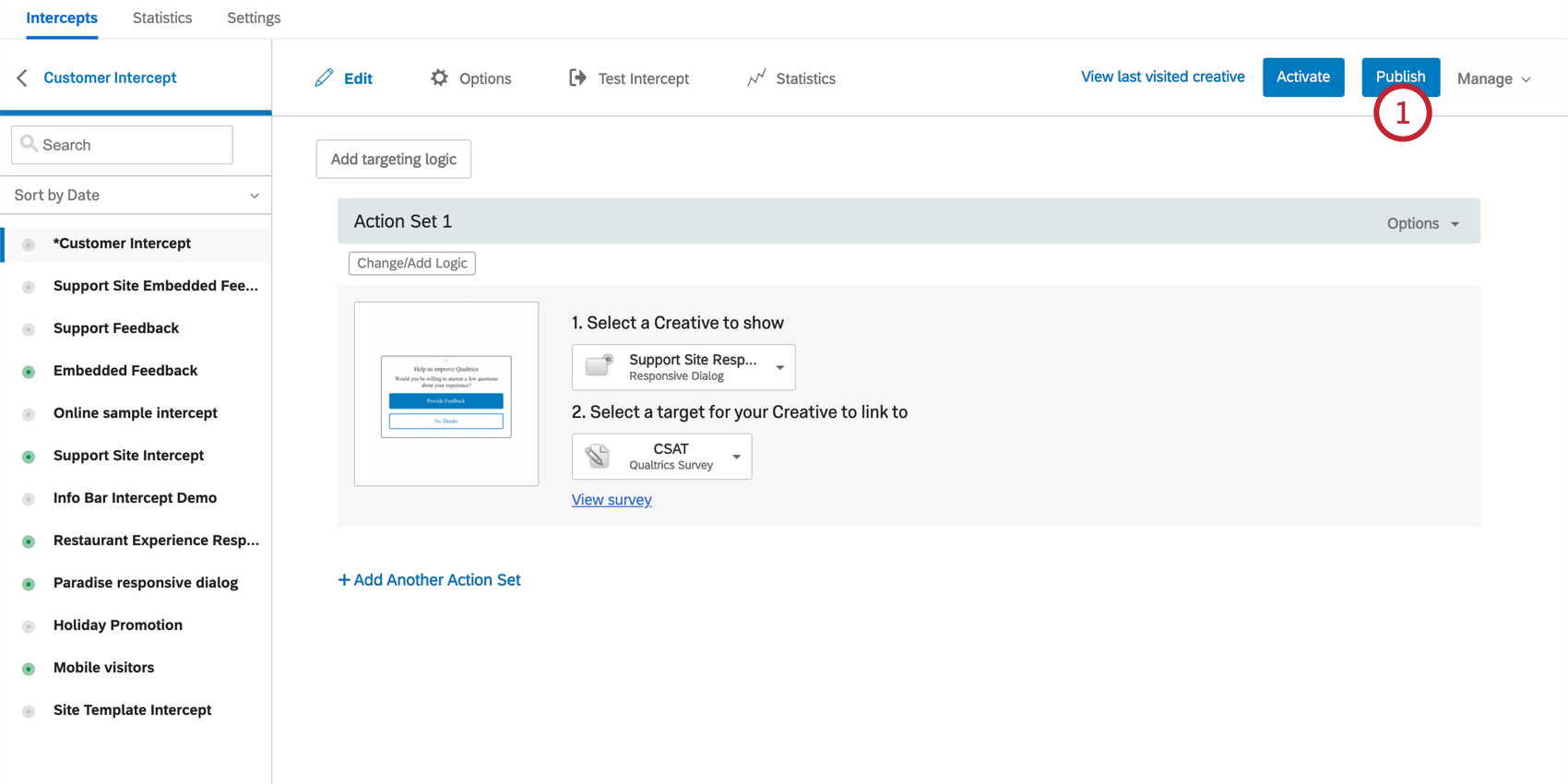 Bouton Publier en haut à droite de lintercept