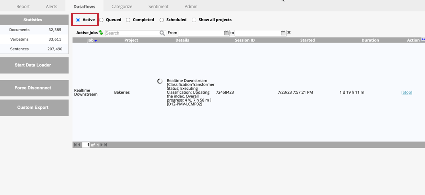 The Active section of Dataflows