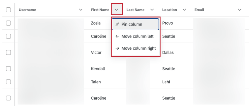 options to adjust columns within active sessions table