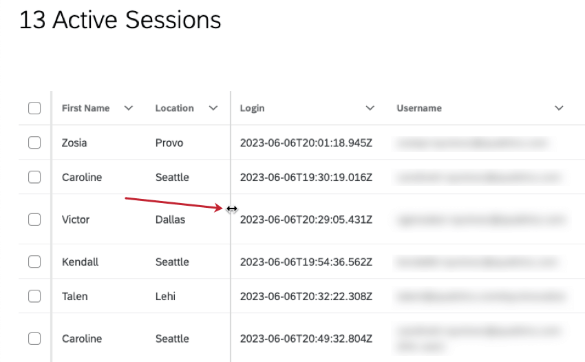 Cursor wird zwischen Spalten angezeigt, um Spaltenbreite anzupassen