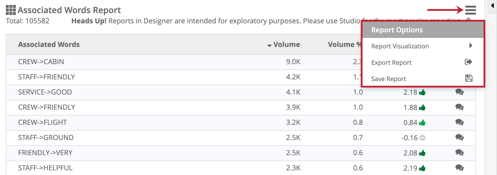 menu des options du rapport
