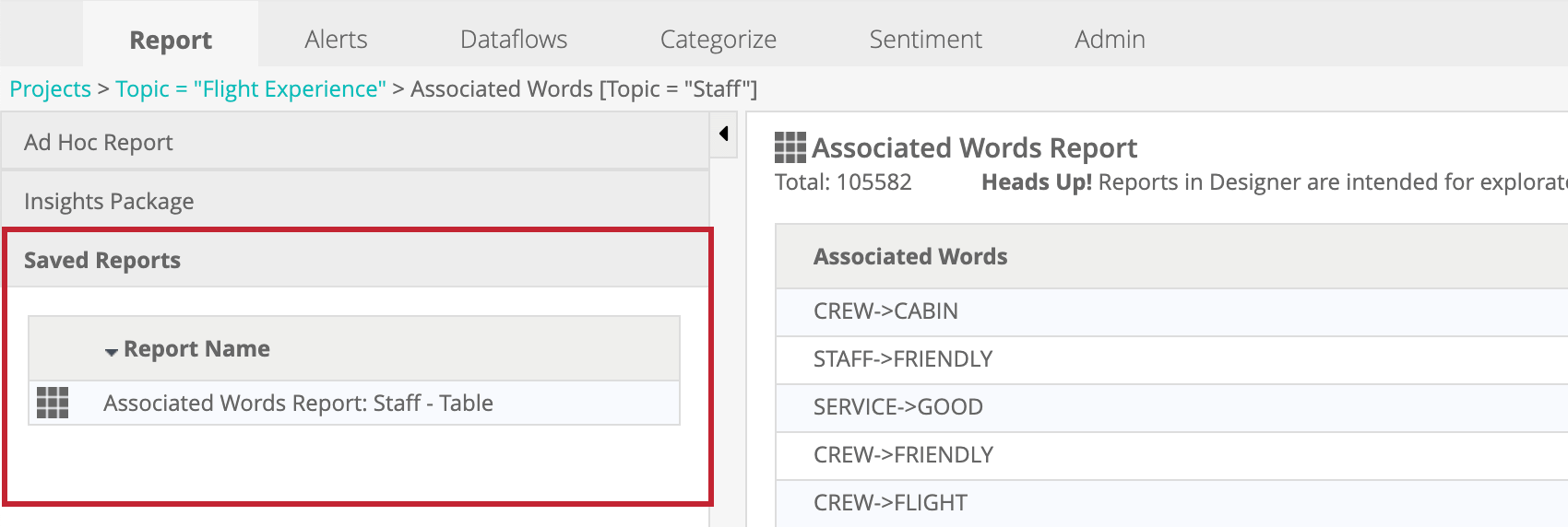 saved reports section of reporting page