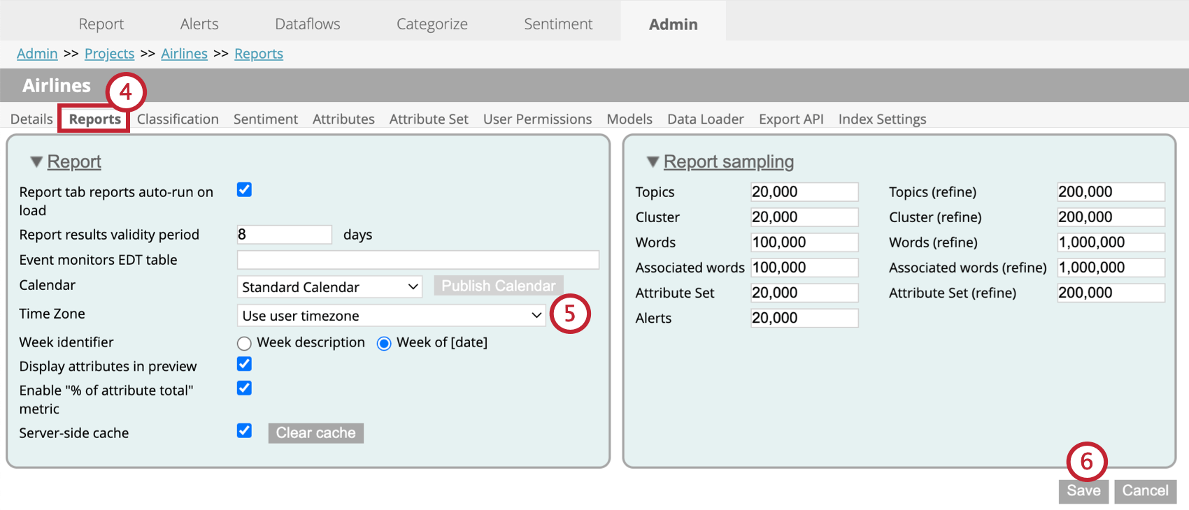 configuring report settings within the admin tab