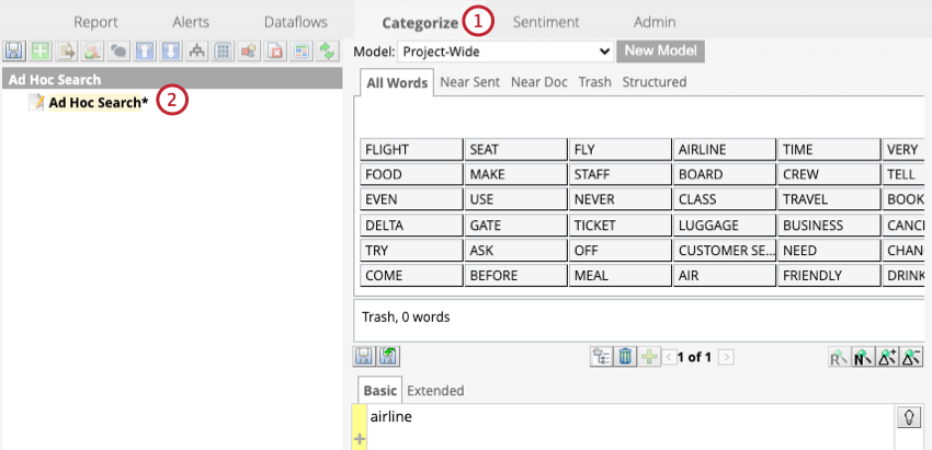 ad hoc search section within the categorize tab