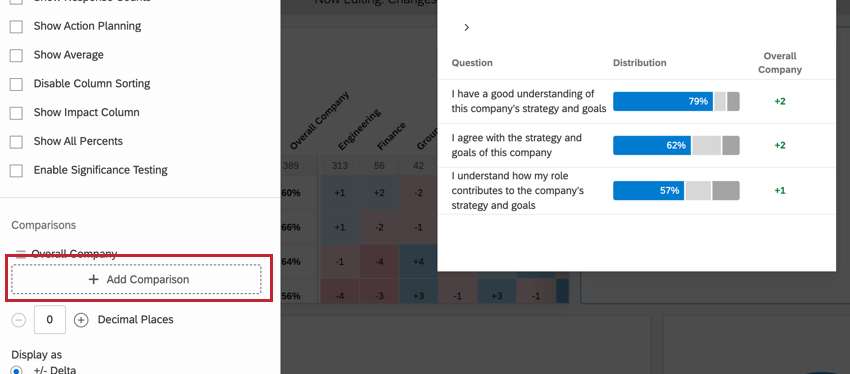 o botão adicionar comparação ao editar um widget