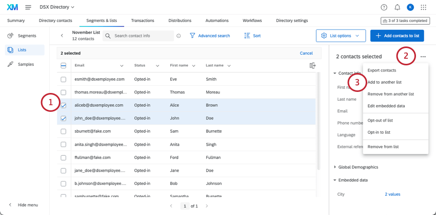 multiple contacts selected. on right, 3 dots selected, add to another list appears
