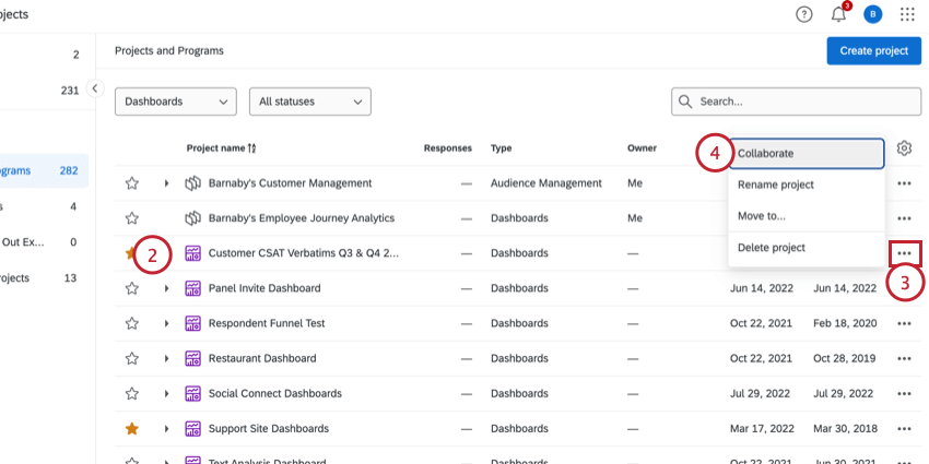 selecionar um projeto dashboard cx e escolher colaborar