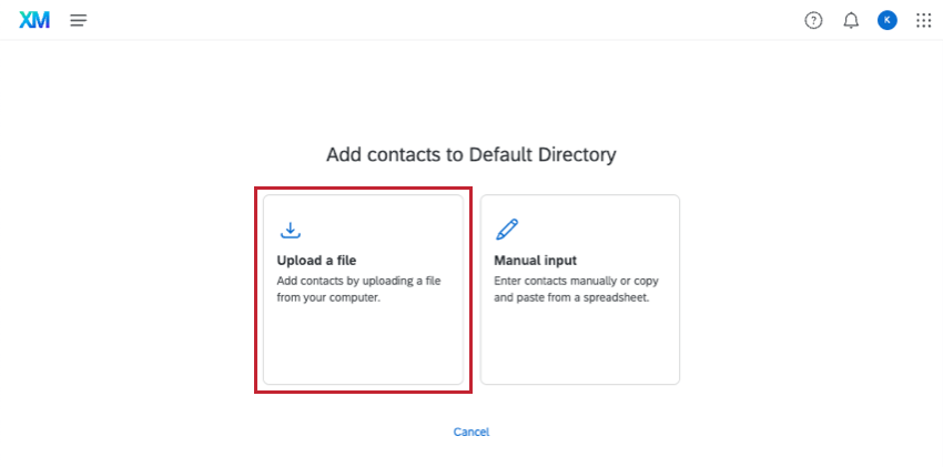 Option de téléchargement de fichier à gauche de la fenêtre Ajouter un contact