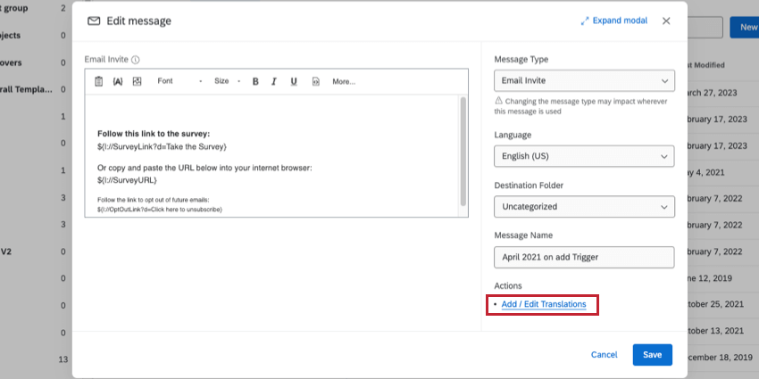 A message open in the library; on the right, below every other option, is blue text saying add / edit translations