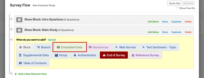 O que você deseja adicionar? menu aberto com Embedded Data destacado