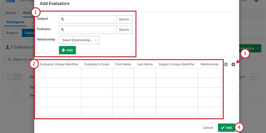 Adding Evaluators manually in the Add Evaluators pop up window