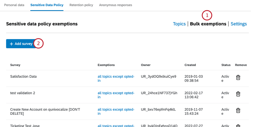 going to bulk exemptions and clicking add survey
