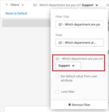 immagine di un filtro di pagina aggiunto a una pagina dashboard in modalità di modifica con valori specifici del filtro selezionati