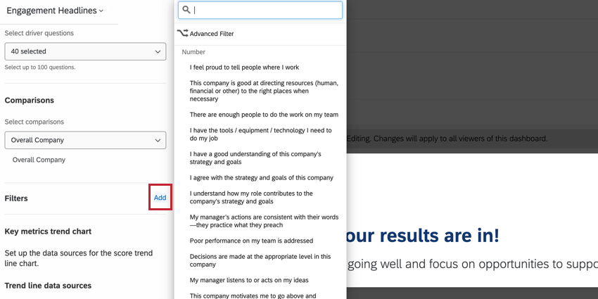 facendo clic sul pulsante Aggiungi nella sezione Filtri del pannello di modifica del widget