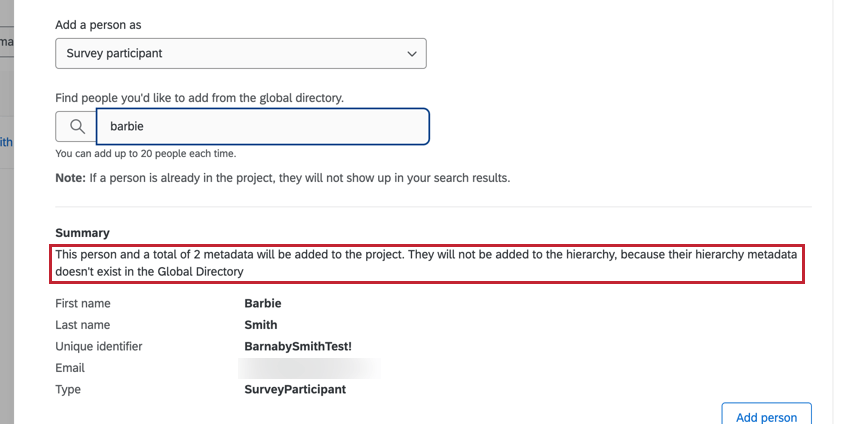 a message about how the participant does not have hierarchy metadata fields