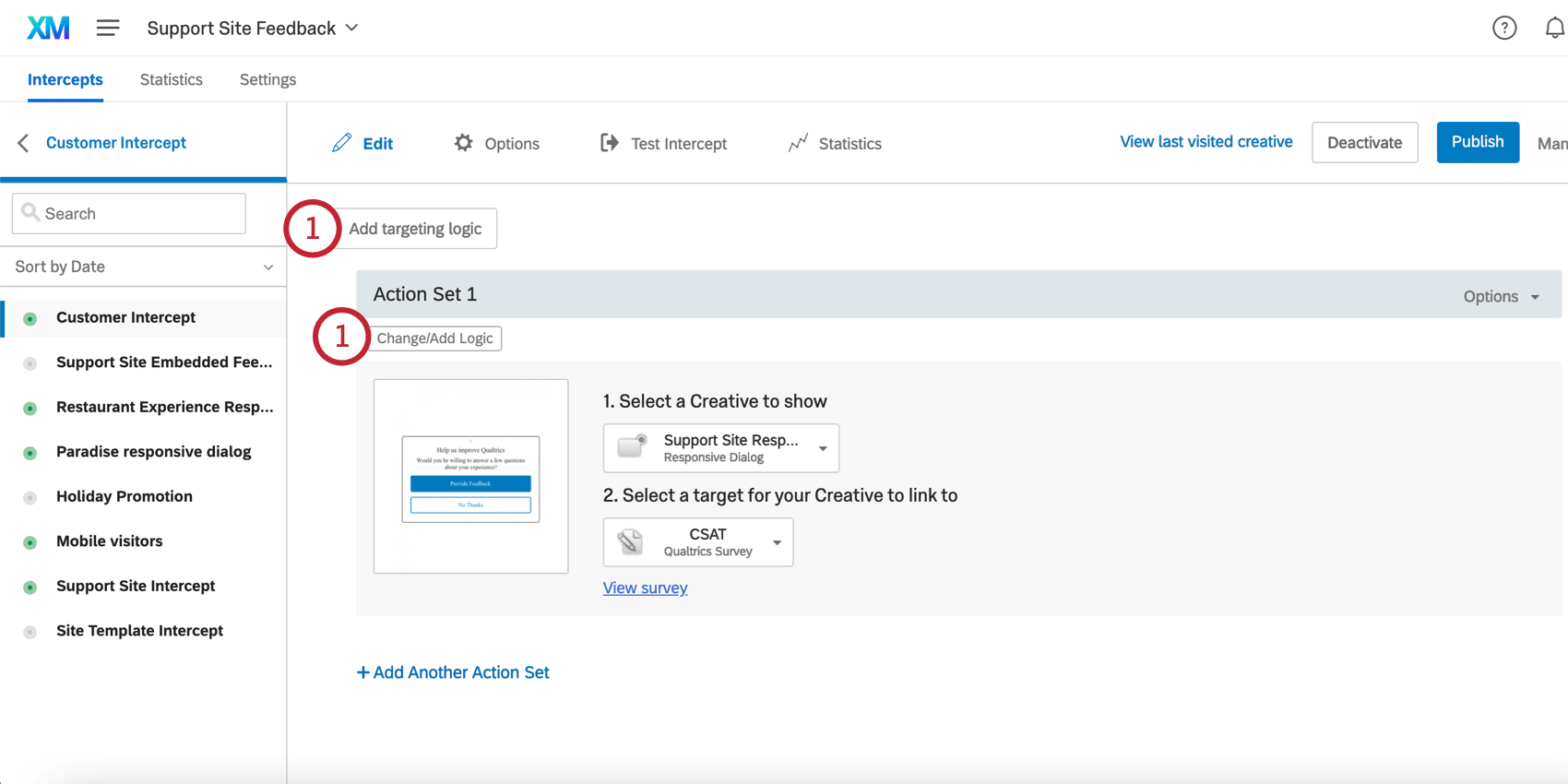すべてのアクションセットの左上にある「Add Intercept Display Logic」ボタンと、各アクションセットの中にある「Change/Add Logic」ボタン。