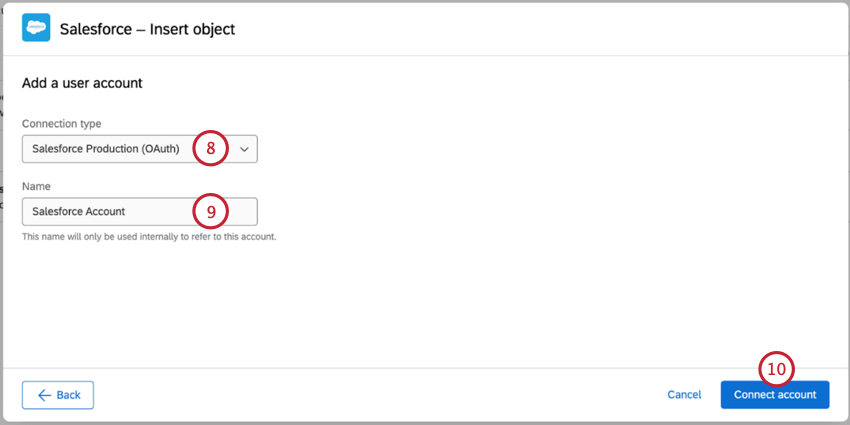 scegliere il tipo di account Salesforce da aggiungere
