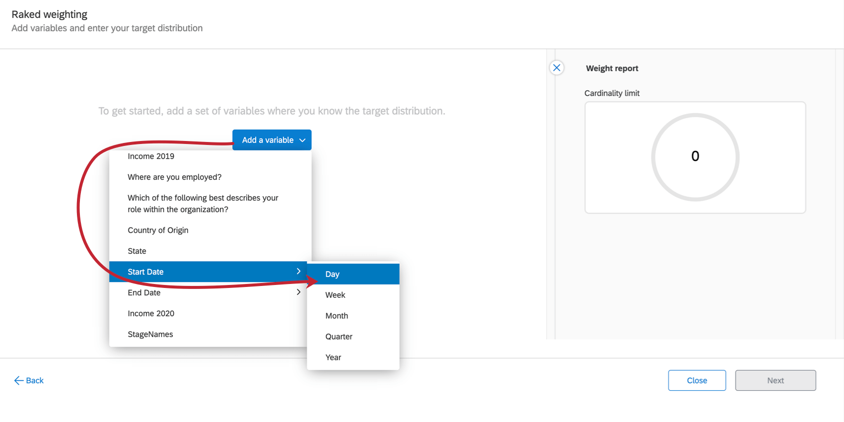 Add variable, shows expansion of menus through the described steps