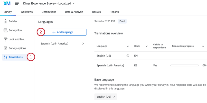 accès à longlet Traductions et clic sur Ajouter une langue