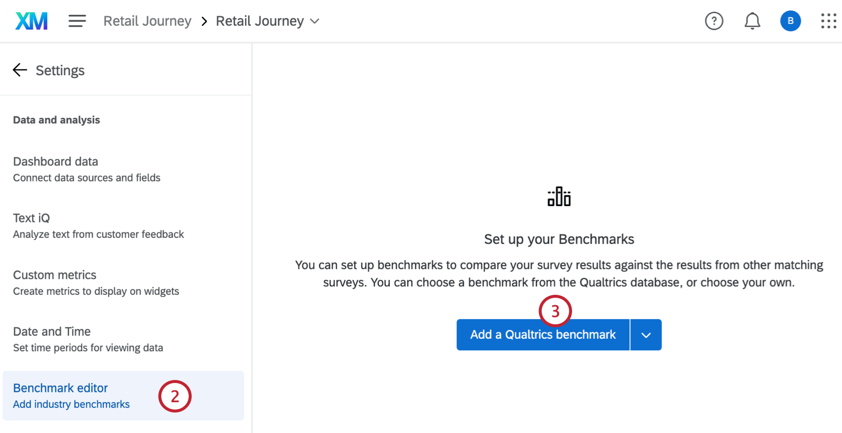 aggiunta di un benchmark Qualtrics nelleditor di benchmark