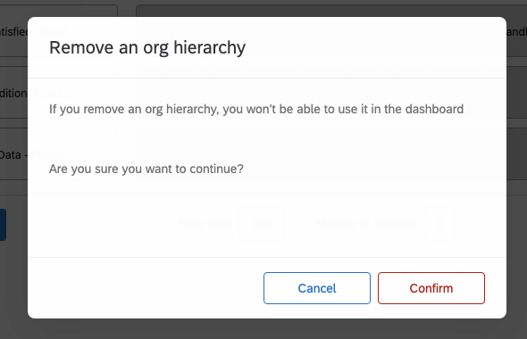 Uma janela que diz Remover uma hierarquia organizacional. Se você remover uma hierarquia organizacional, não poderá usá-la no dashboard. Tem certeza de que deseja continuar?