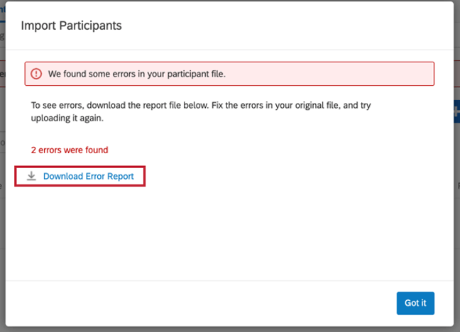Red error warning message. Link to download errors