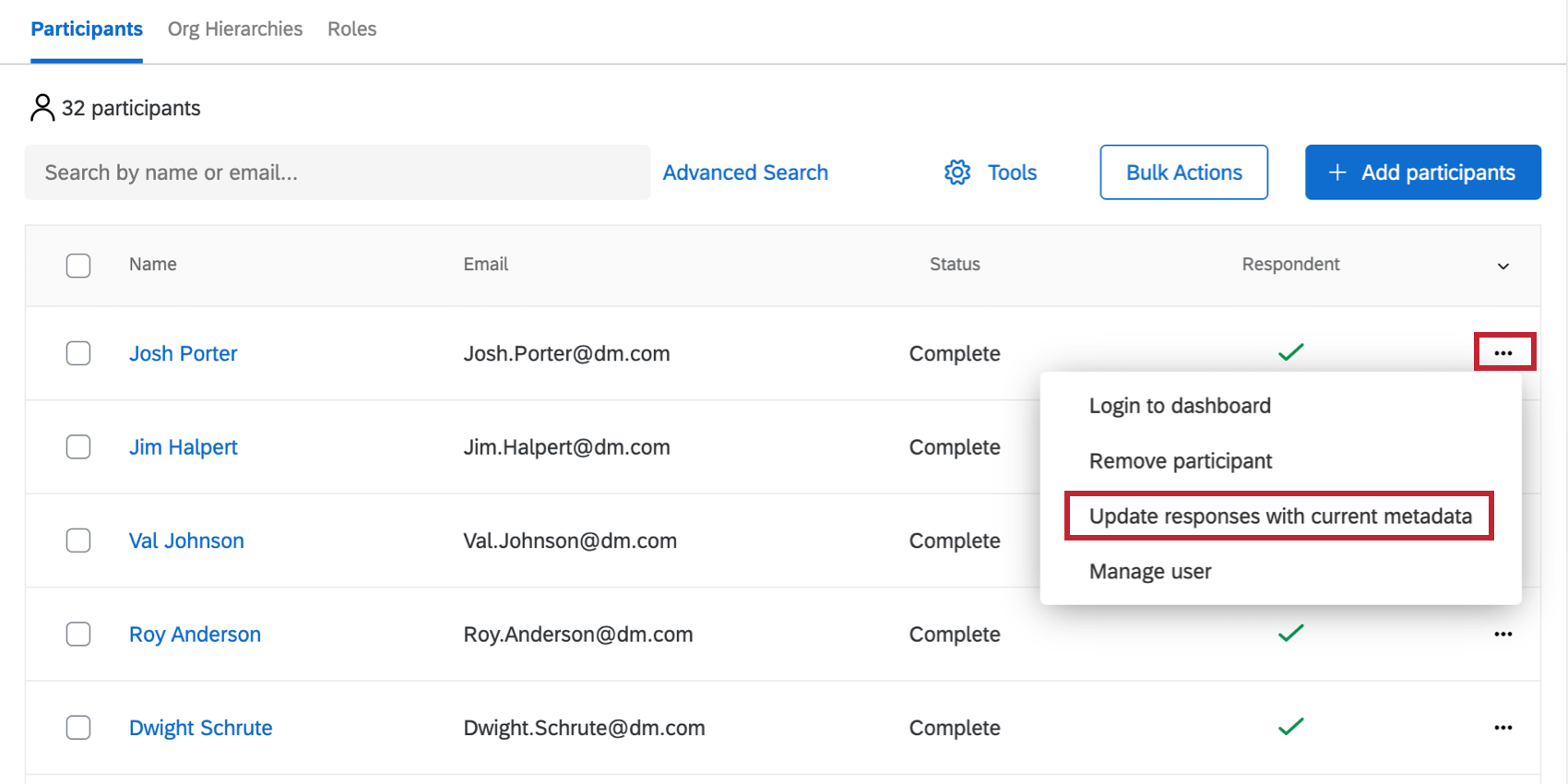 Dropdown far-right of participant in the participant tab