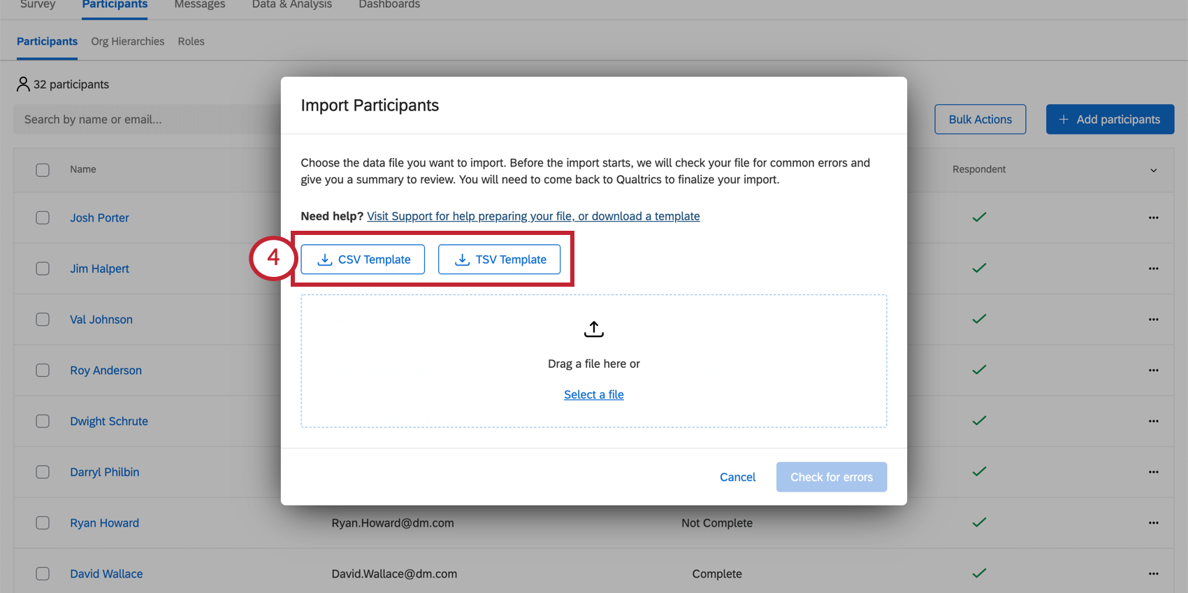 Ventana de importación de participantes, con plantillas csv y tsv , luego un botón para cargar un archivo