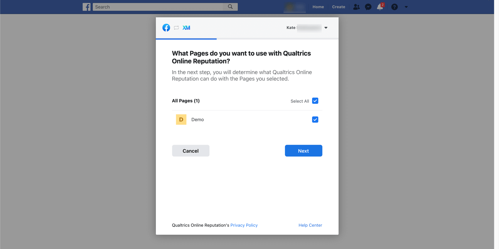 Fenêtre de configuration dans Facebook