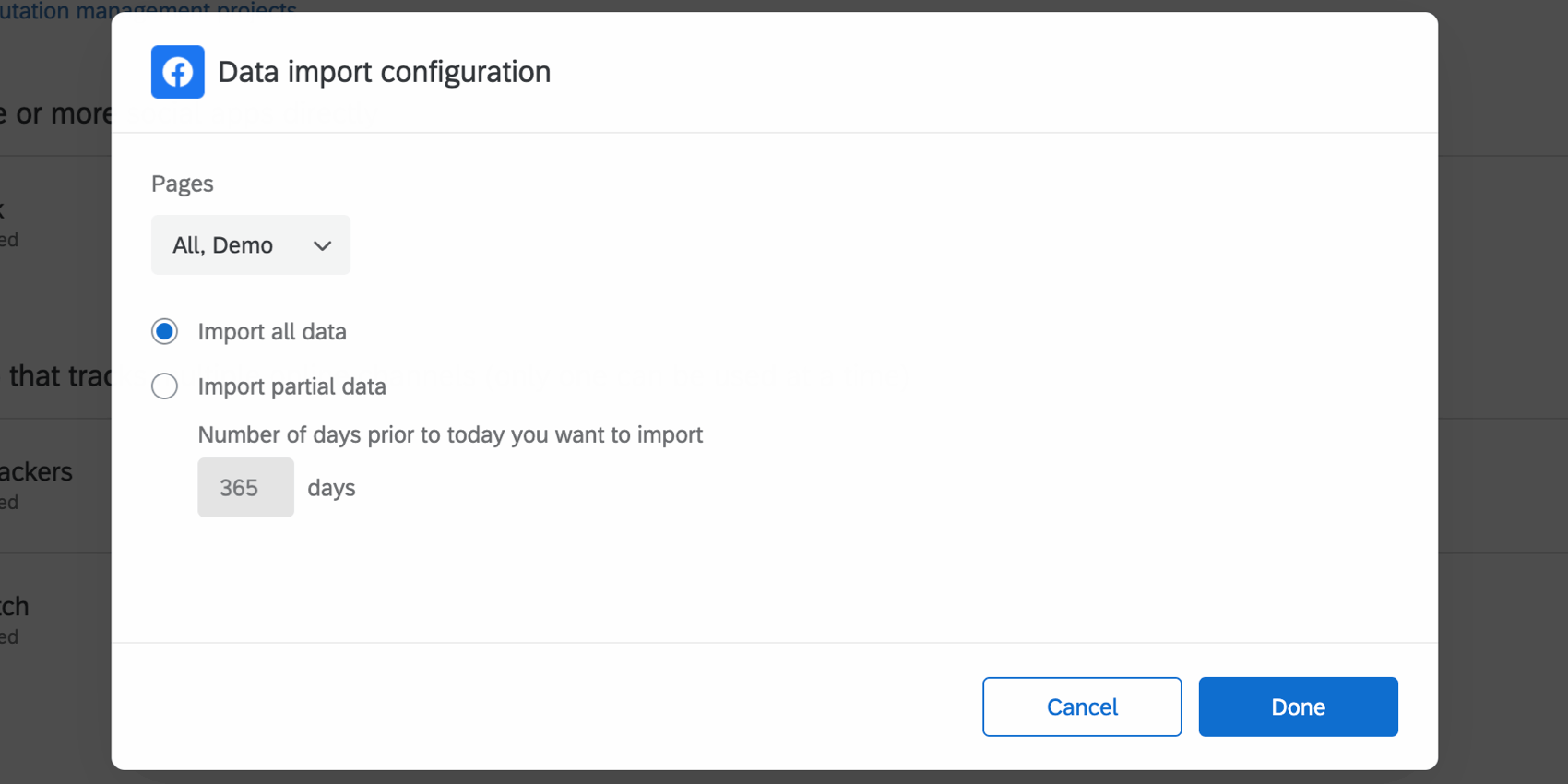 クアルトリクスに戻り、インポートするデータ量を決定する最終ウィンドウ