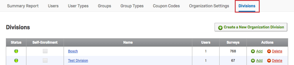 Divisions Tab within the Admin page